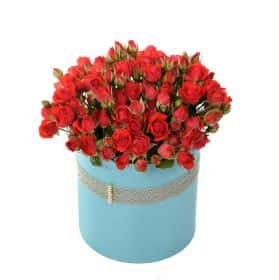 Красные кустовые розы в шляпной коробке. Cтандарт